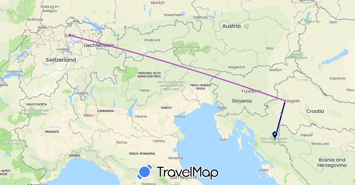 TravelMap itinerary: driving, train in Switzerland, Croatia (Europe)